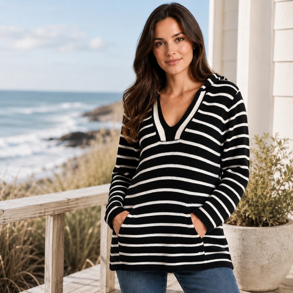 Saint Tropez West Striped Hooded Sweater Sz XL Blue White Knit Pullover‎ Beachy
